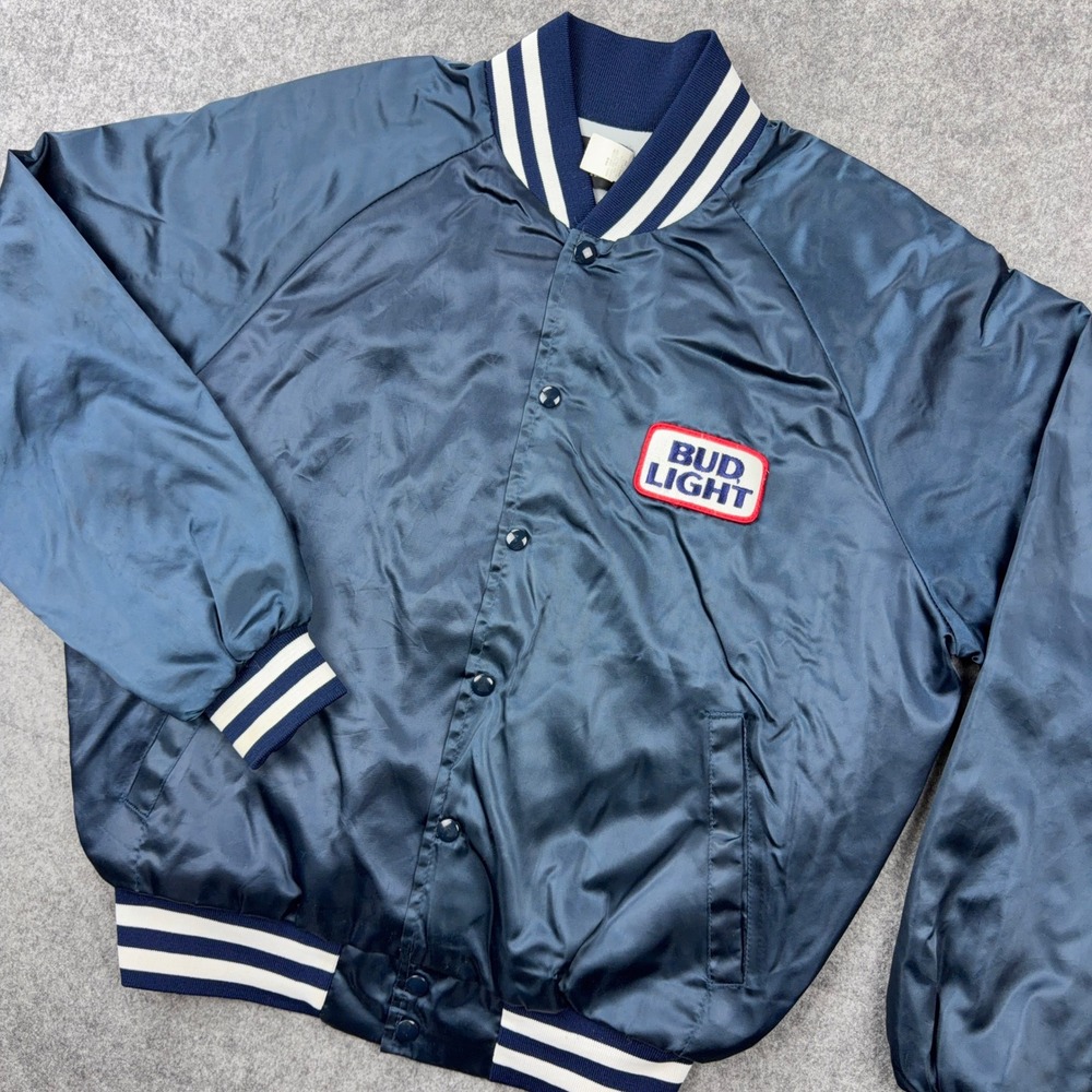 VTG Bud Light Jacket Mens XL Blue Anheuser-Busch Lined‎ Satin Bomber 80s USA